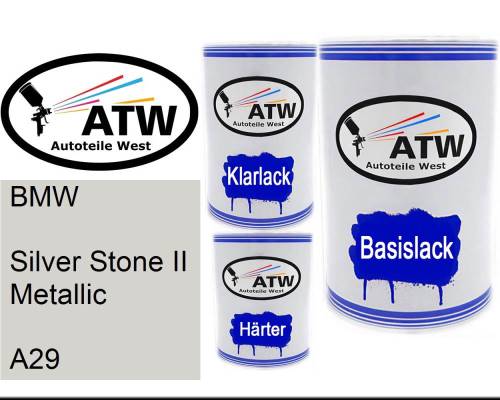 BMW, Silver Stone II Metallic, A29: 500ml Lackdose + 500ml Klarlack + 250ml Härter - Set, von ATW Autoteile West.